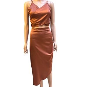 Cider Satin 2 Piece Wrap Front Tie Back Crop Top and Rouched MIDI Skirt NWT L